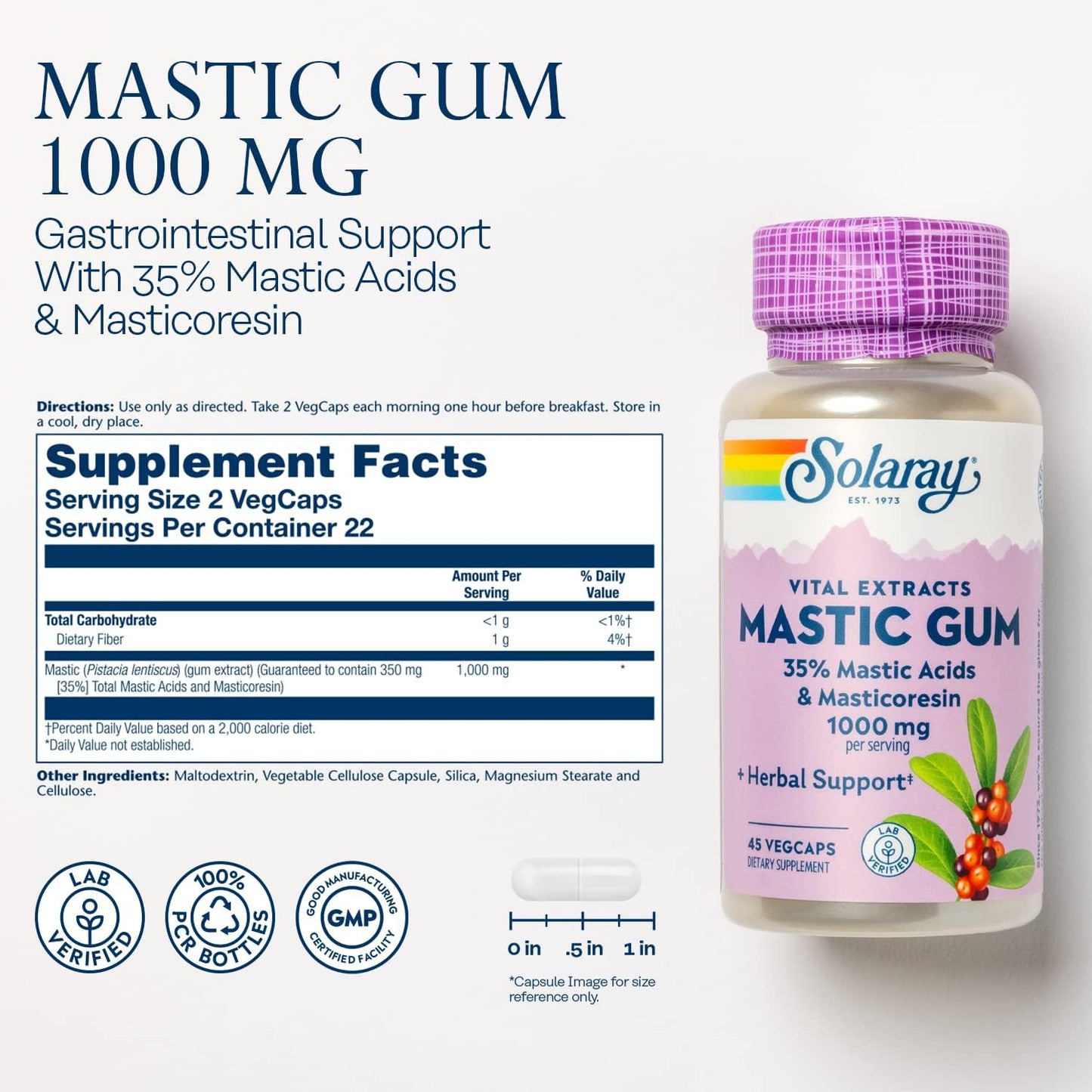 Natural Mastic Gum Extract Capsules - 500 mg, 45 Count - Solaray