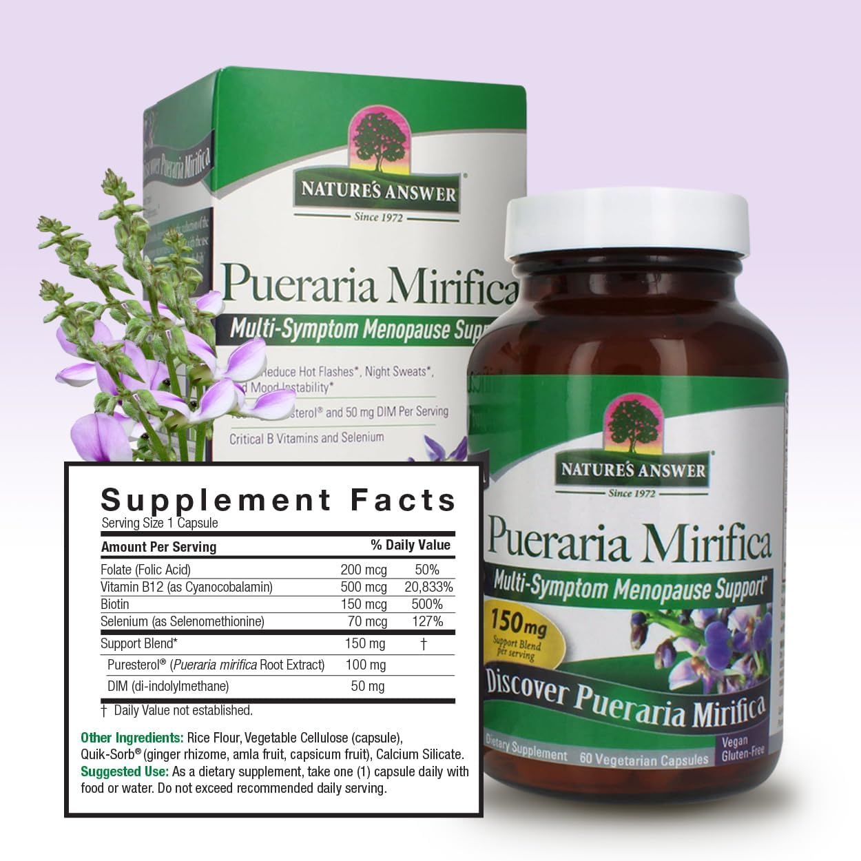 Natural Menopause Aid: Pueraria Mirifica Capsules for Female Support, 60 Count - Promotes Smooth Skin & Hair