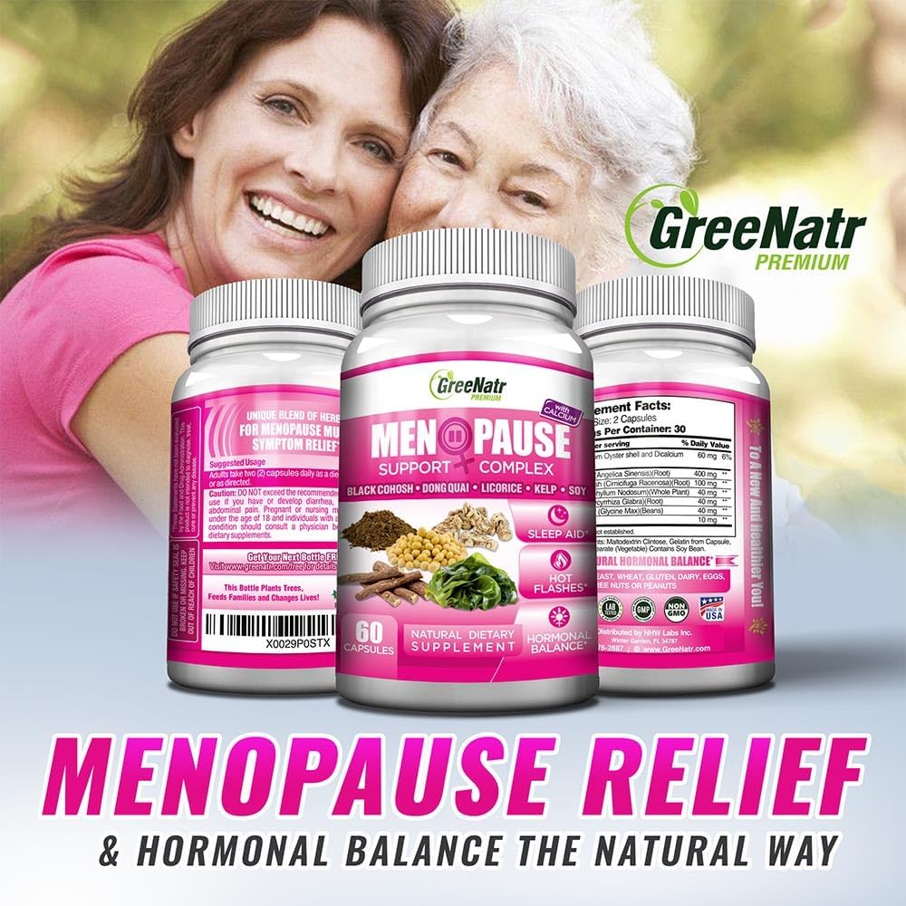 Natural Menopause Relief Complex - Hormone Balance Support for Hot Flashes, Night Sweats & Mood Swings - Black Cohosh, Dong Quai, Licorice Root, Kelp - 6 Bottles