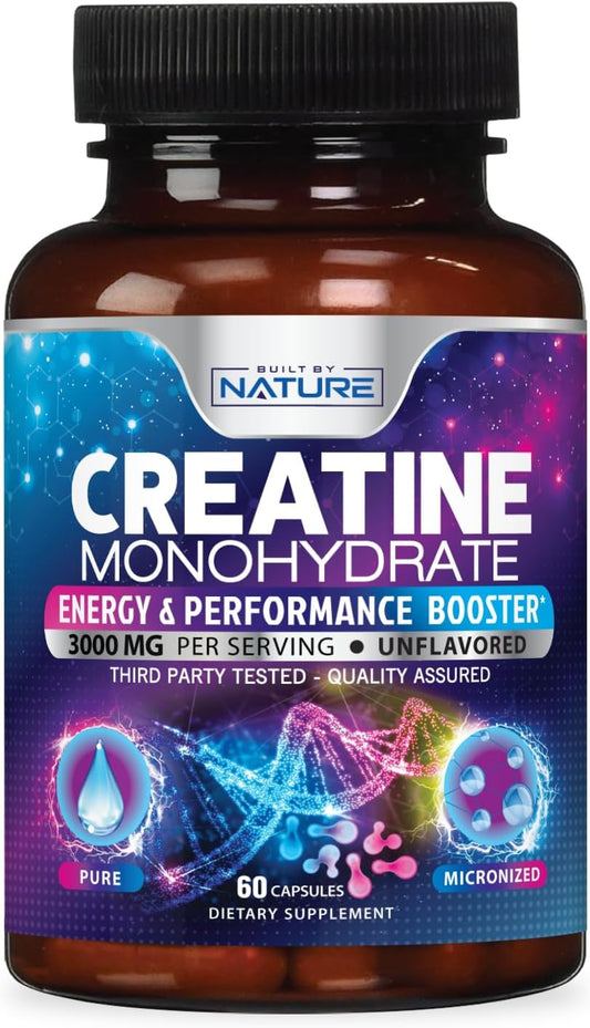 Natural Micronized Creatine Monohydrate Pills for Muscle Strength, Energy, Endurance, and Recovery - Gluten-Free & Vegan - 60 Capsules