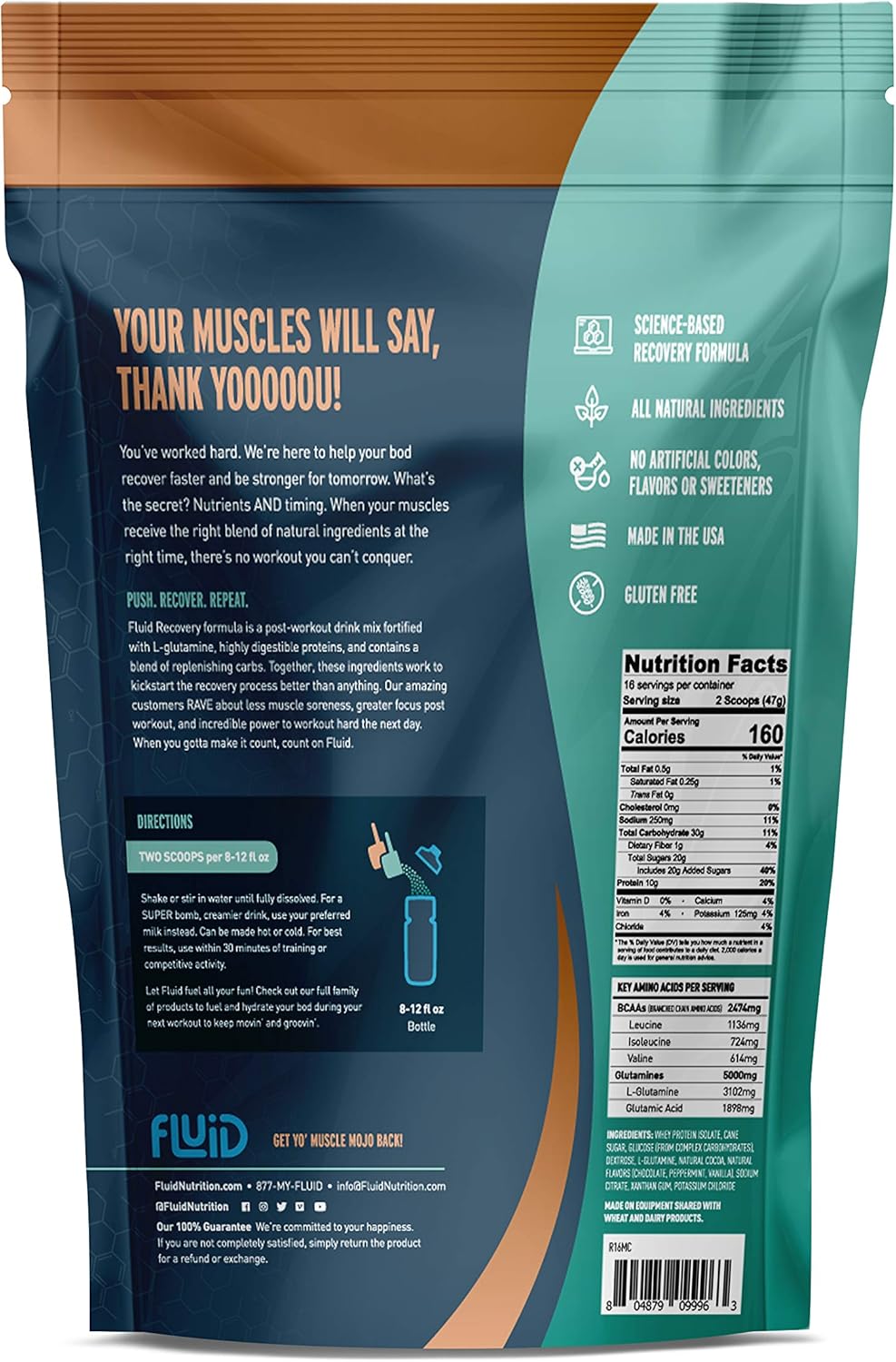 Natural Mint Chocolate Post-Workout Drink Mix with Whey Isolate Protein, L-Glutamine, Carbs - Gluten-Free & Lactose-Free for Muscle Recovery