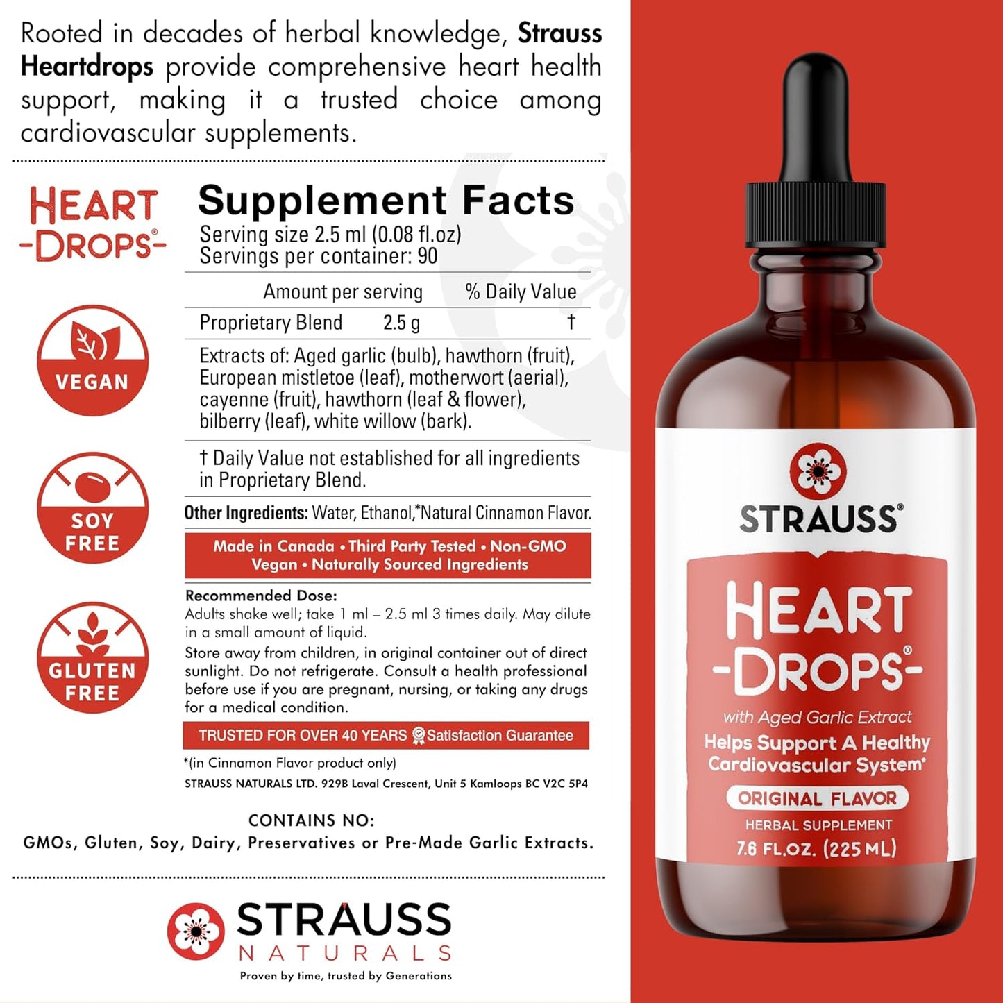 Natural Mistletoe & Aged Garlic Heart Health Supplement - Strauss Naturals Heartdrops - Vegan & Non-GMO - 225 ml