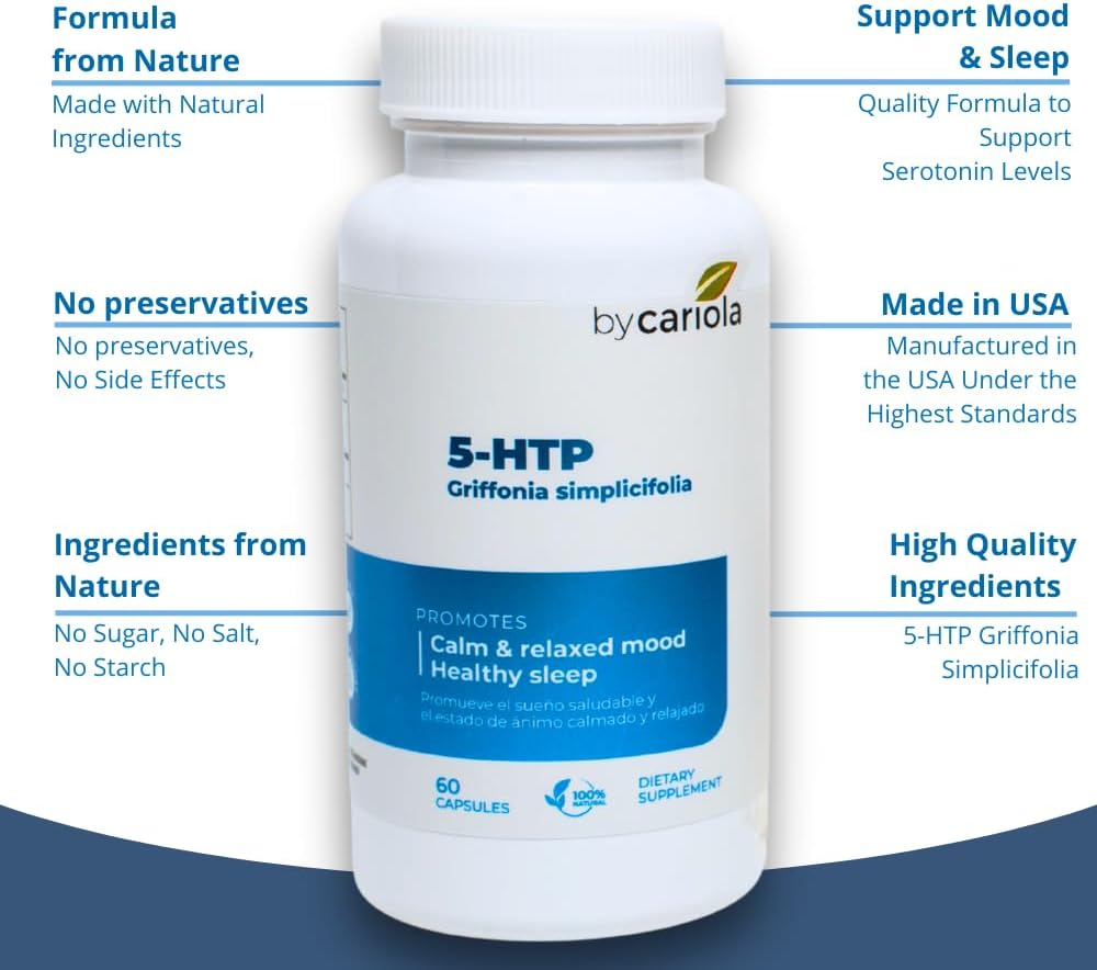 Natural Mood & Sleep Support Supplement Capsules with 5-HTP - Serotonin Booster for Calming Effect - 60 Capsules