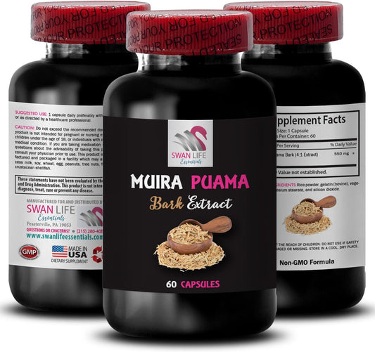 Natural Muira Puama Bark Extract Capsules for Daily Energy Boost and Mind-Body Balance - Botanical Adventure Support - 60 Capsules