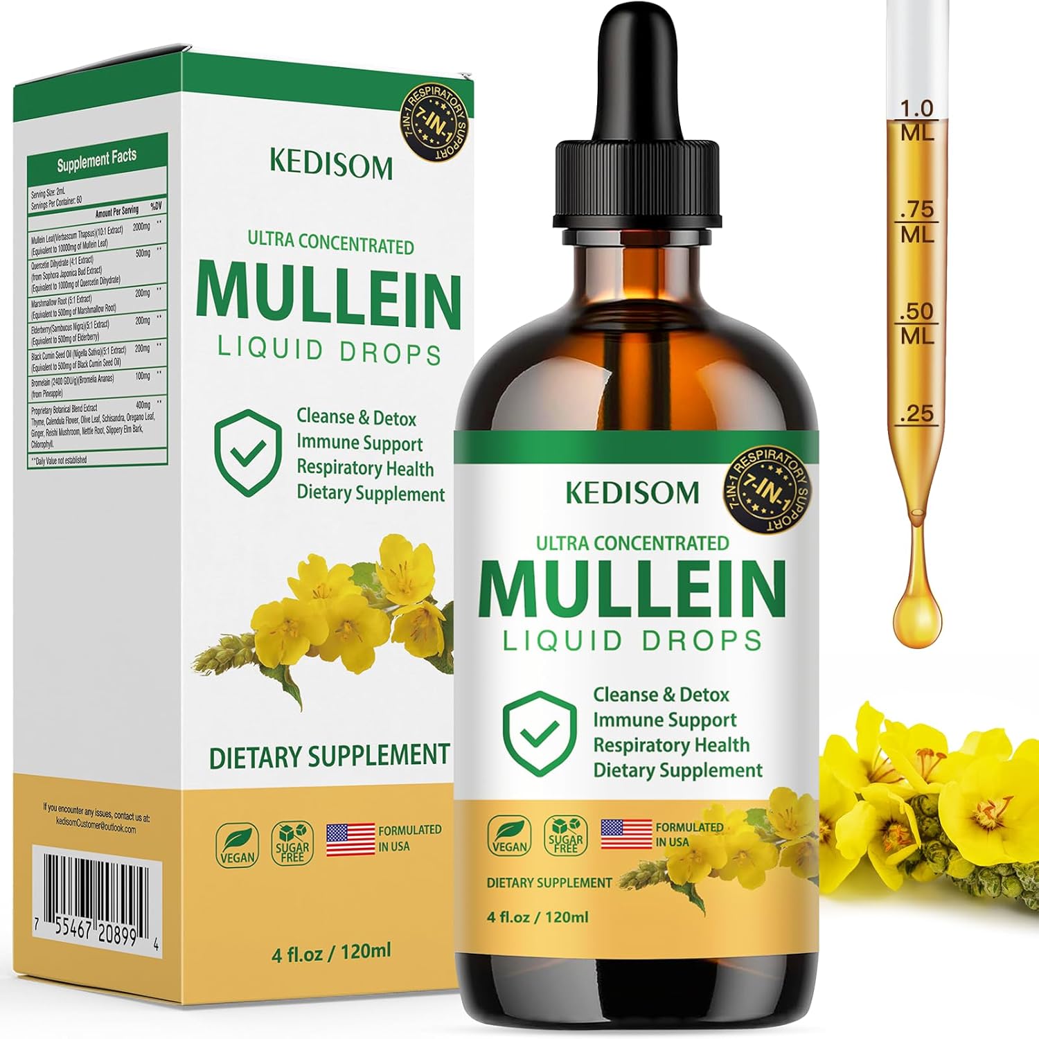 Natural Mullein Leaf Extract Liquid Drops for Lungs - 7 in 1 Formula with Marshmallow Root and Ginger - 4 Fl Oz Herbal Supplement for Lung Cleanse, Gut Health, Immune Support - Non-GMO