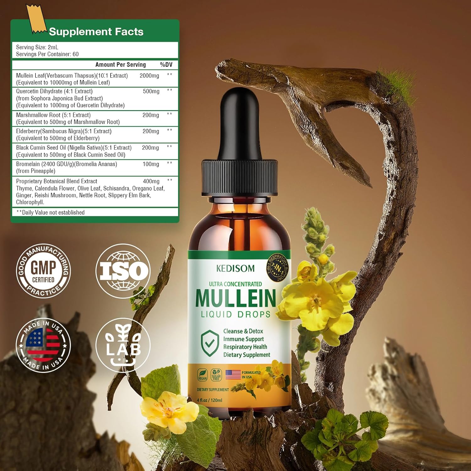Natural Mullein Leaf Extract Liquid Drops for Lungs - 7 in 1 Formula with Marshmallow Root and Ginger - 4 Fl Oz Herbal Supplement for Lung Cleanse, Gut Health, Immune Support - Non-GMO