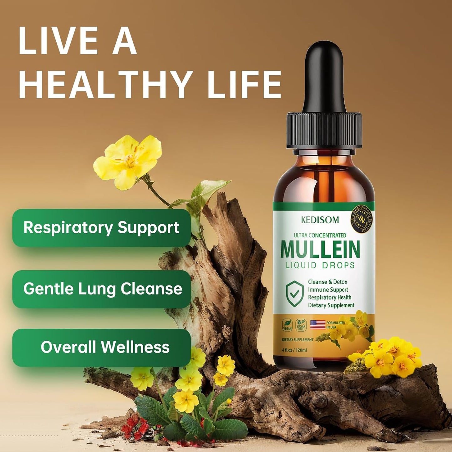 Natural Mullein Leaf Extract Liquid Drops for Lungs - 7 in 1 Formula with Marshmallow Root and Ginger - 4 Fl Oz Herbal Supplement for Lung Cleanse, Gut Health, Immune Support - Non-GMO