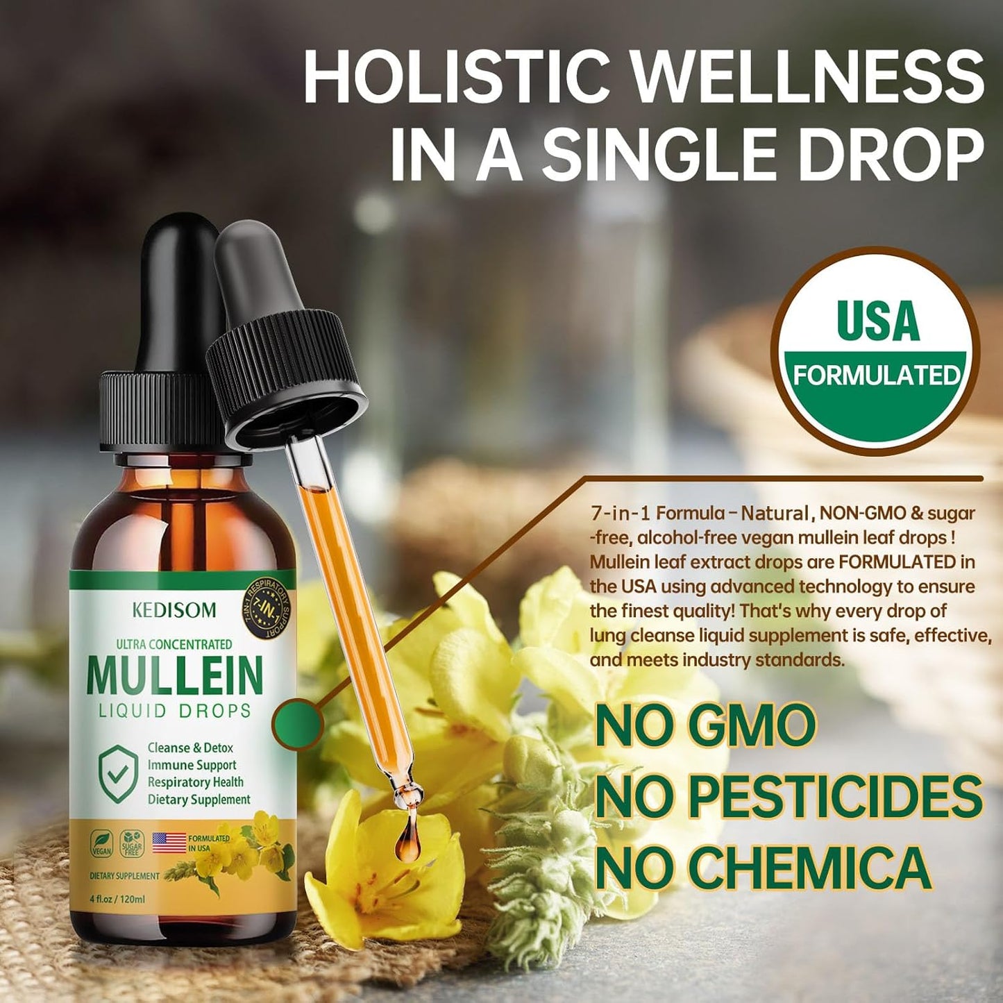 Natural Mullein Leaf Extract Liquid Drops for Lungs - 7 in 1 Formula with Marshmallow Root and Ginger - 4 Fl Oz Herbal Supplement for Lung Cleanse, Gut Health, Immune Support - Non-GMO