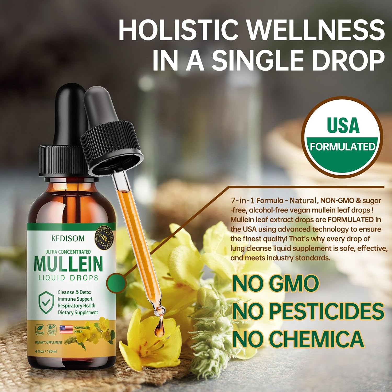 Natural Mullein Leaf Extract Liquid Drops for Lungs - 7 in 1 Formula with Marshmallow Root and Ginger - 4 Fl Oz Herbal Supplement for Lung Cleanse, Gut Health, Immune Support - Non-GMO