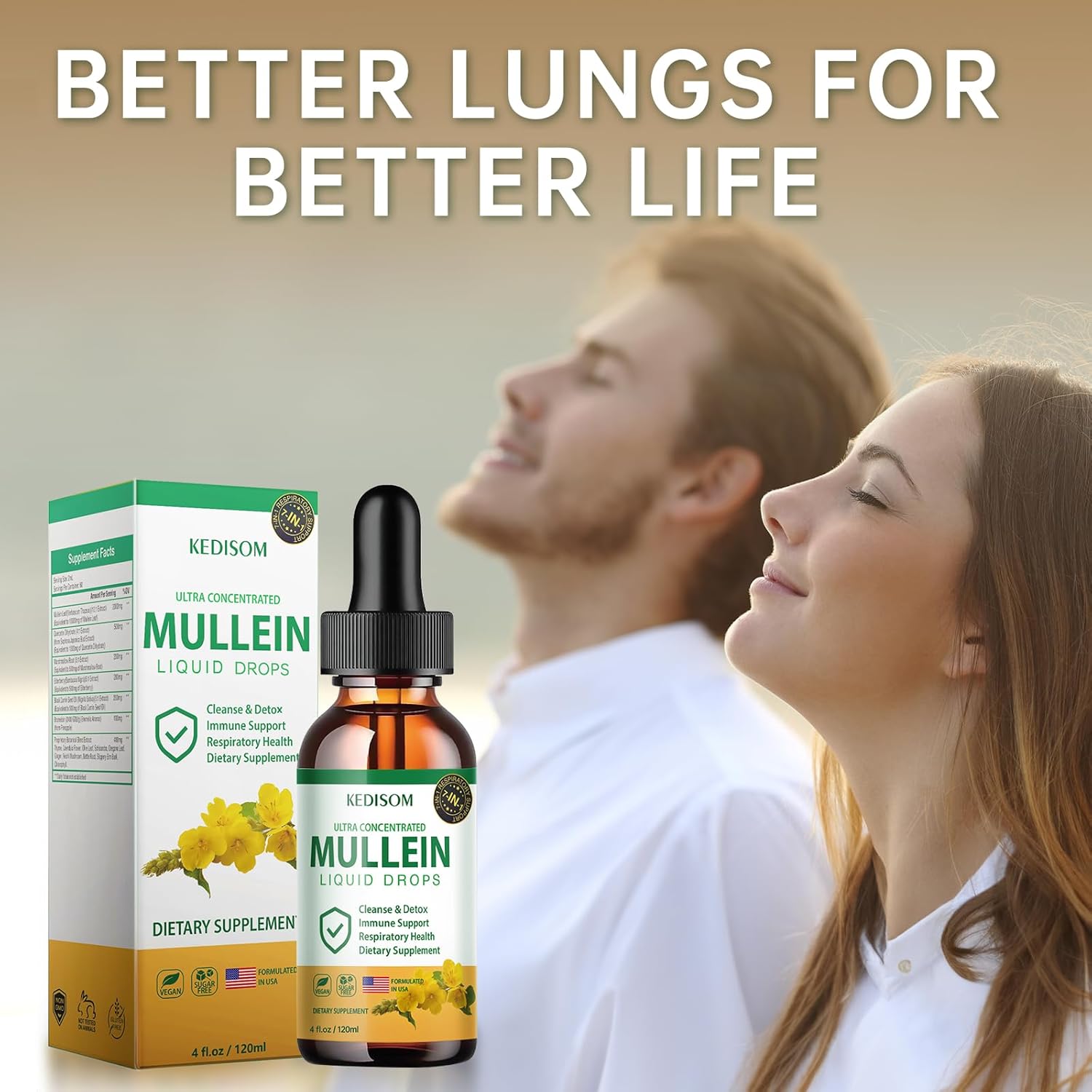 Natural Mullein Leaf Extract Liquid Drops for Lungs - 7 in 1 Formula with Marshmallow Root and Ginger - 4 Fl Oz Herbal Supplement for Lung Cleanse, Gut Health, Immune Support - Non-GMO