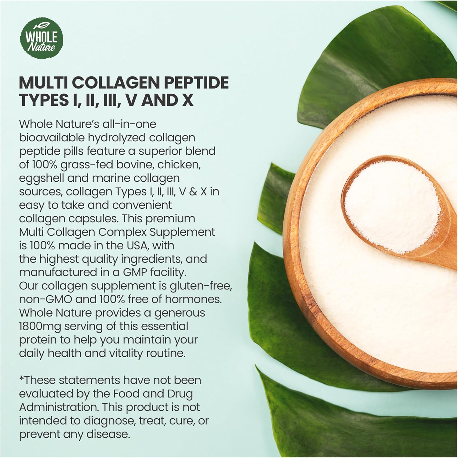 Natural Multi Collagen Protein Peptides Capsules - 1800mg Complex Types I, II, III, V, X - Joint Support, Hair, Skin, Nails - Beauty Vitamins, Non-GMO 270ct