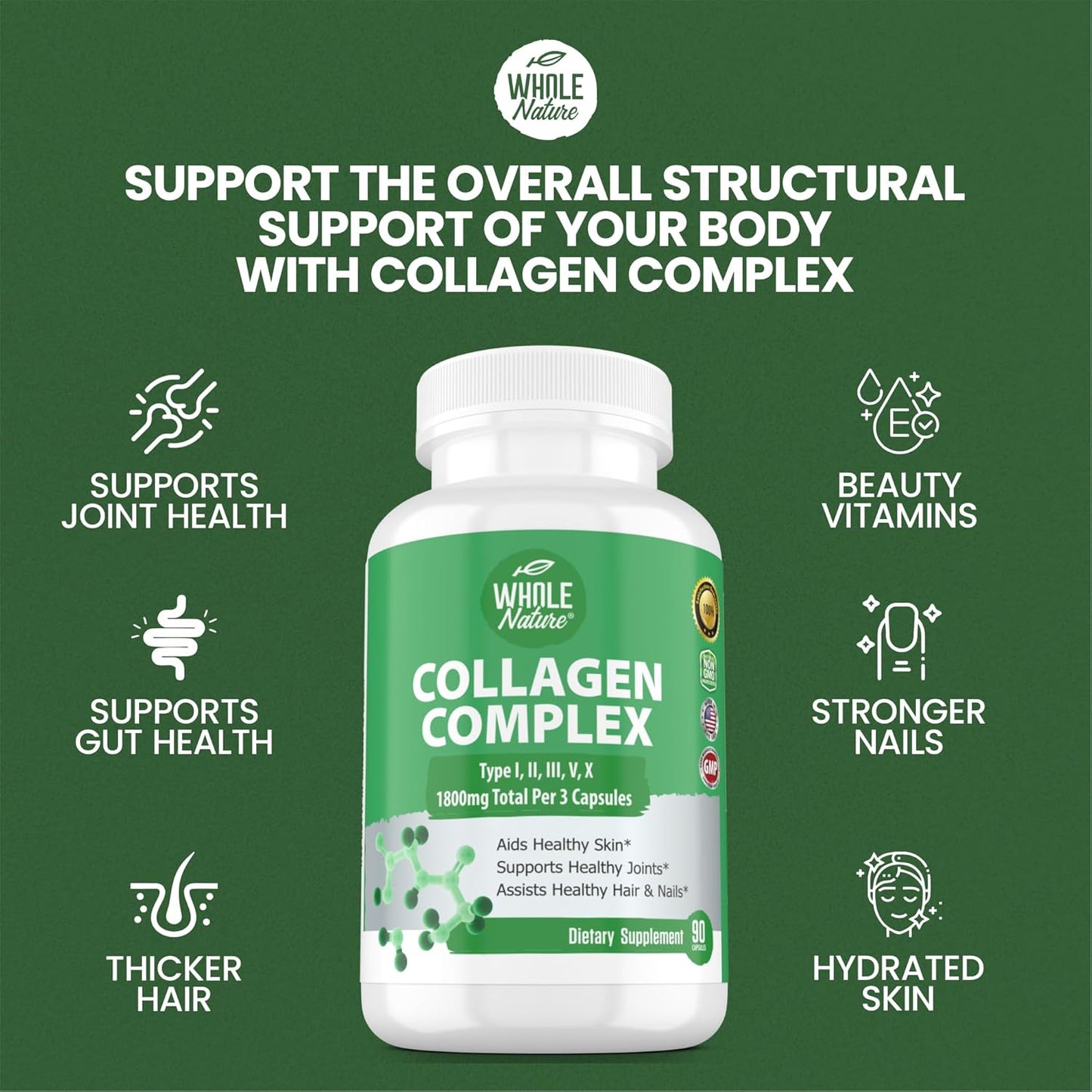 Natural Multi Collagen Protein Peptides Capsules - 1800mg Complex Types I, II, III, V, X - Joint Support, Hair, Skin, Nails - Beauty Vitamins, Non-GMO 270ct