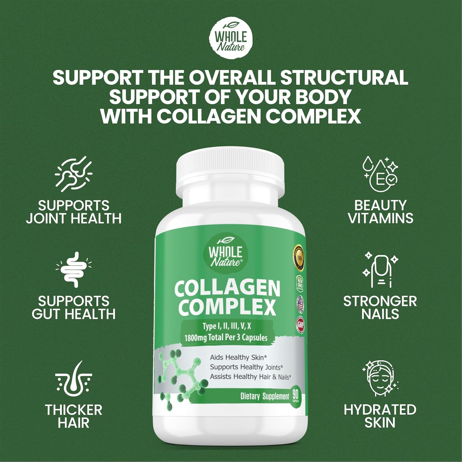 Natural Multi Collagen Protein Peptides Capsules - 1800mg Complex Types I, II, III, V, X - Joint Support, Hair, Skin, Nails - Beauty Vitamins, Non-GMO 270ct