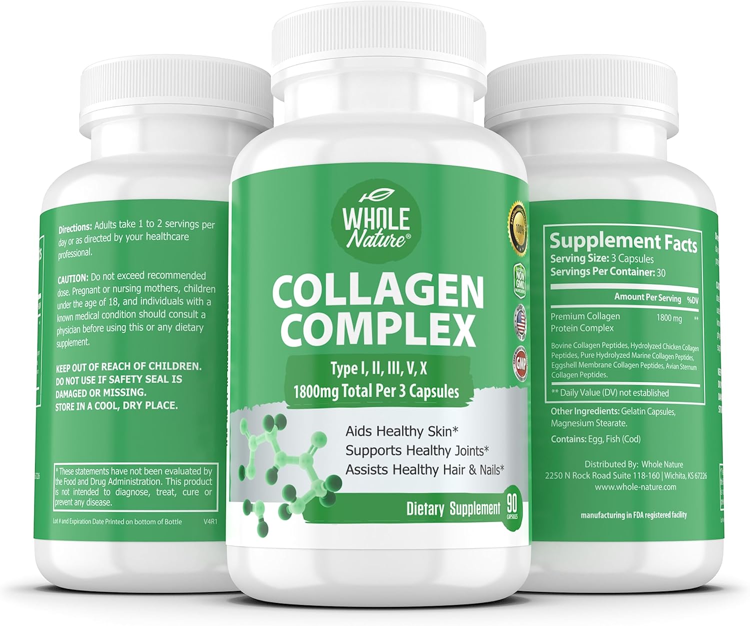 Natural Multi Collagen Protein Peptides Capsules - 1800mg Complex Types I, II, III, V, X - Joint Support, Hair, Skin, Nails - Beauty Vitamins, Non-GMO 270ct