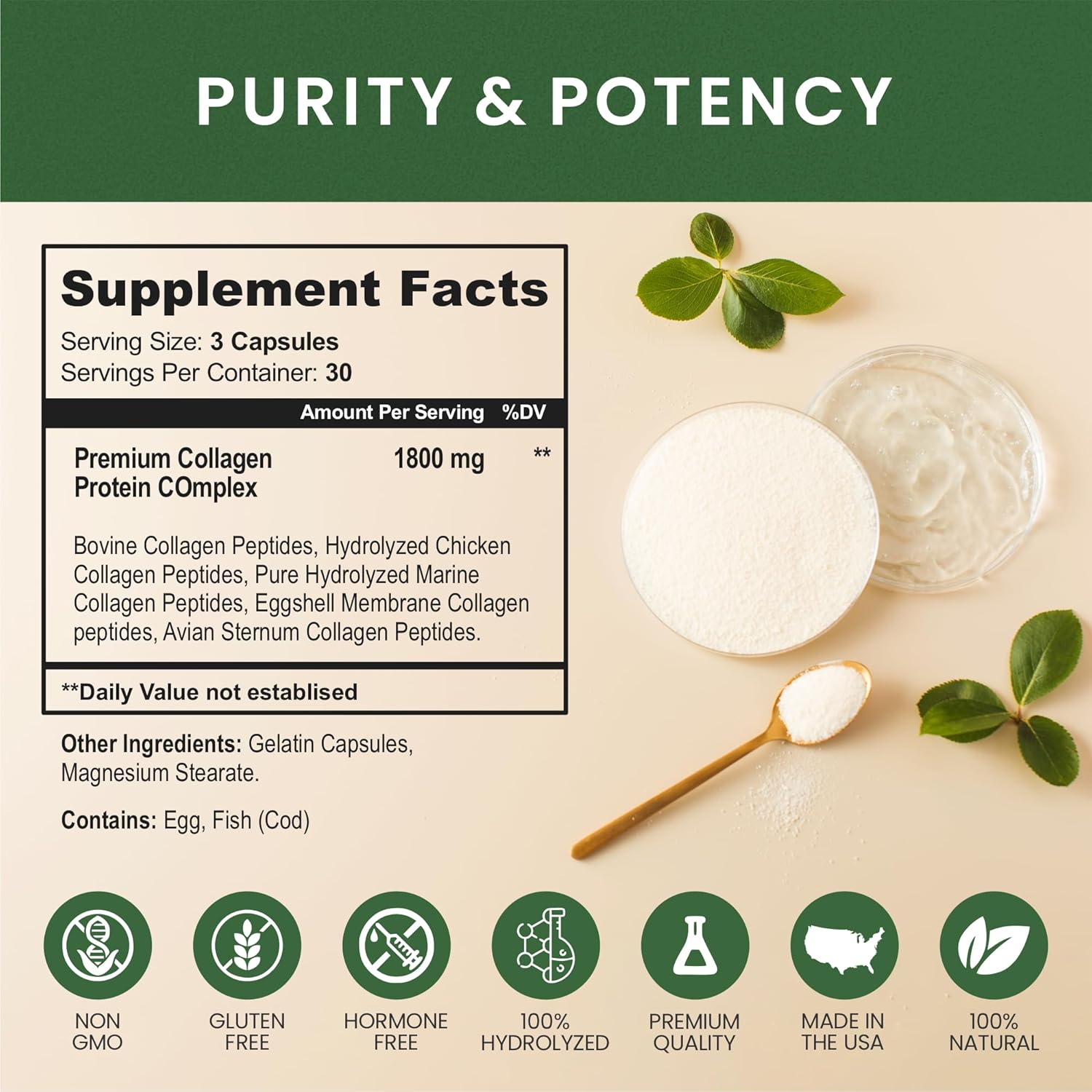 Natural Multi Collagen Protein Peptides Capsules - 1800mg Complex Types I, II, III, V, X - Joint Support, Hair, Skin, Nails - Beauty Vitamins, Non-GMO 270ct