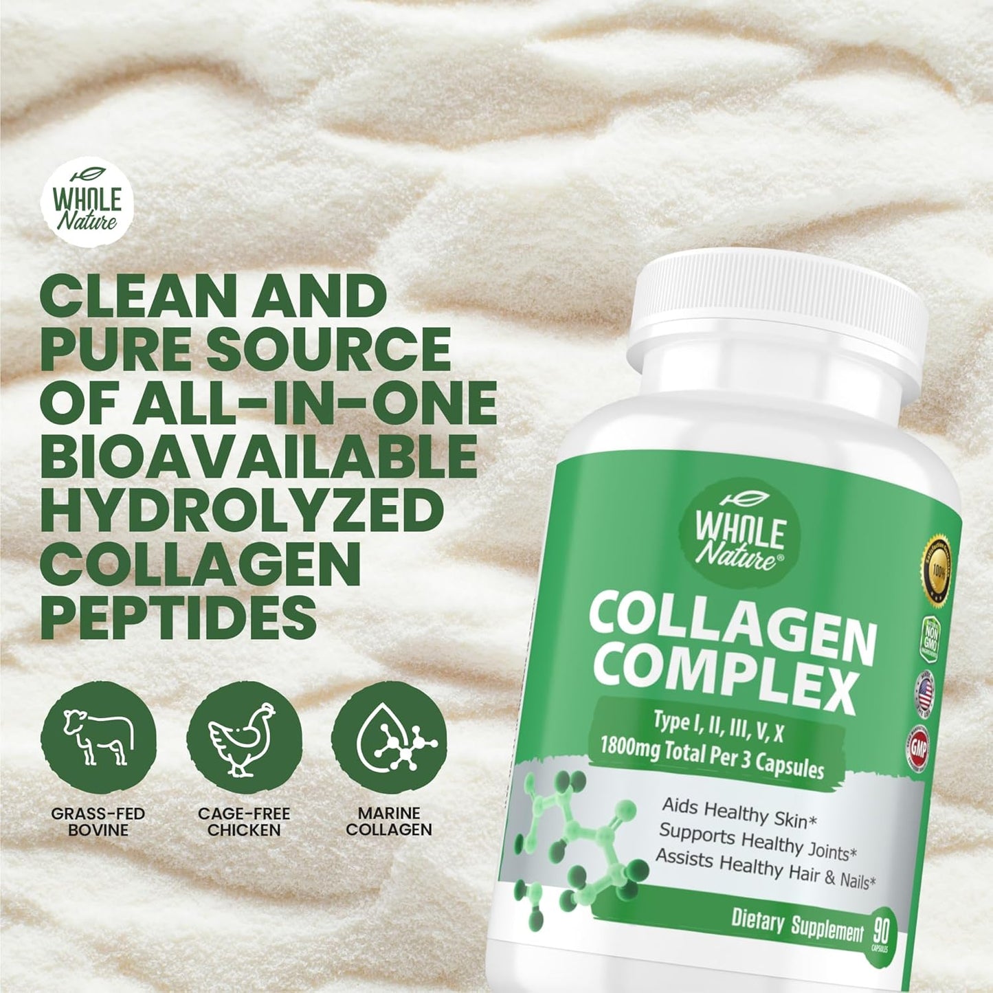 Natural Multi Collagen Protein Peptides Capsules - 1800mg Complex Types I, II, III, V, X - Joint Support, Hair, Skin, Nails - Beauty Vitamins, Non-GMO 270ct