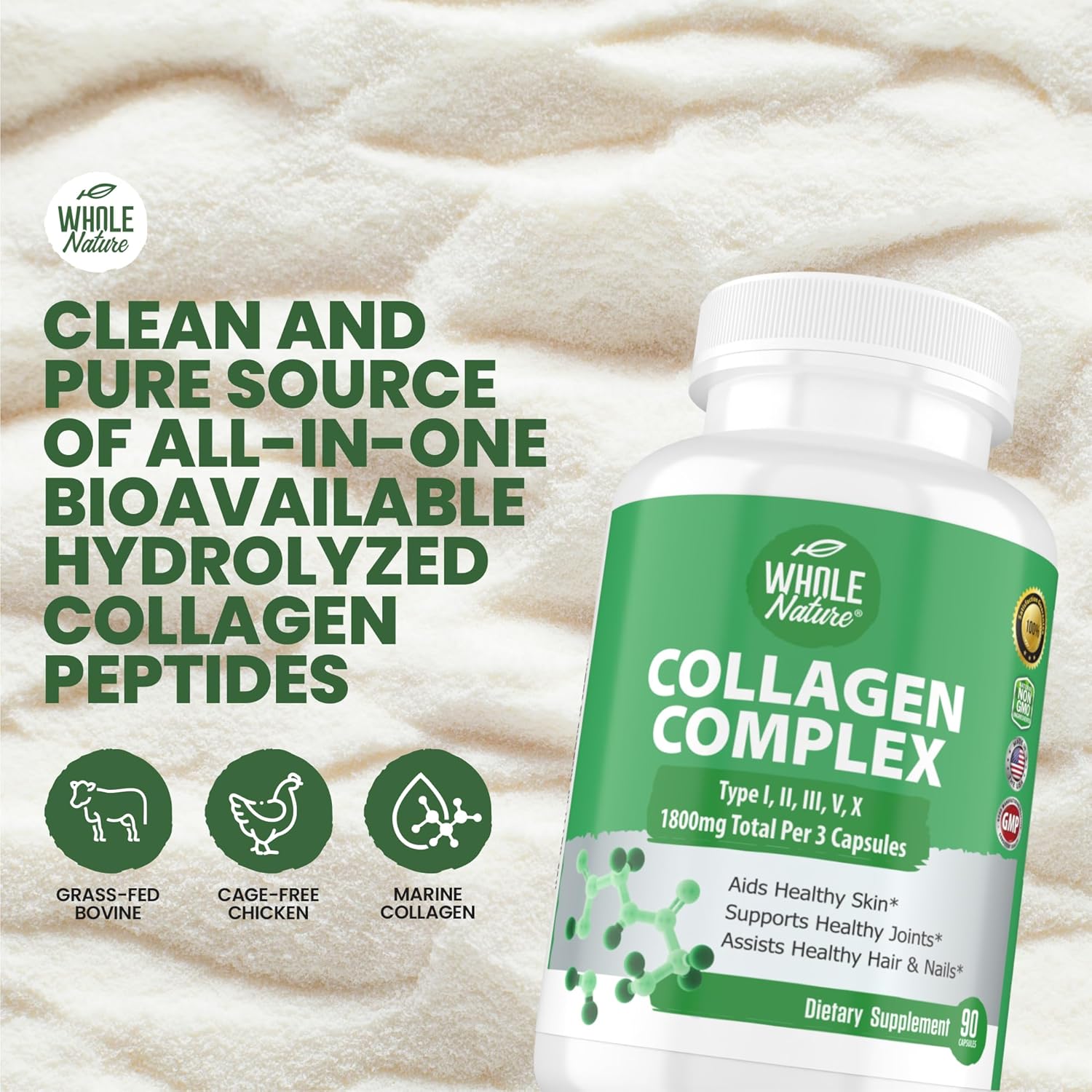 Natural Multi Collagen Protein Peptides Capsules - 1800mg Complex Types I, II, III, V, X - Joint Support, Hair, Skin, Nails - Beauty Vitamins, Non-GMO 270ct