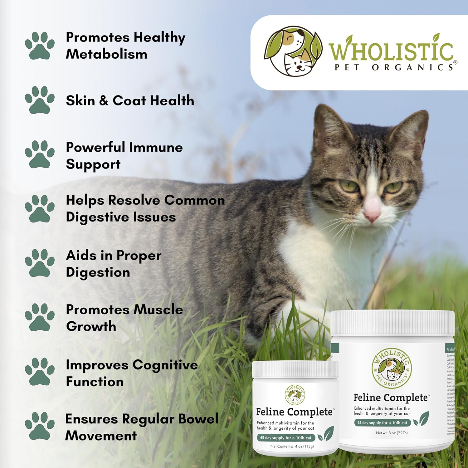 Natural Multivitamin & Probiotic Powder for Cats - Wholistic Pet Organics Feline Complete - 4 Oz - Supports Digestive Health and Overall Wellness