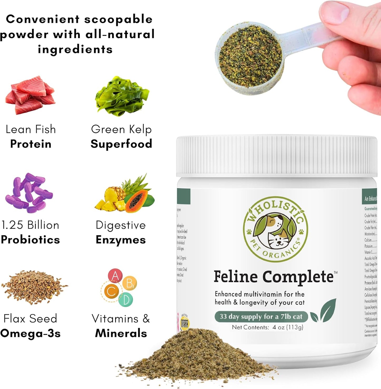 Natural Multivitamin & Probiotic Powder for Cats - Wholistic Pet Organics Feline Complete - 4 Oz - Supports Digestive Health and Overall Wellness