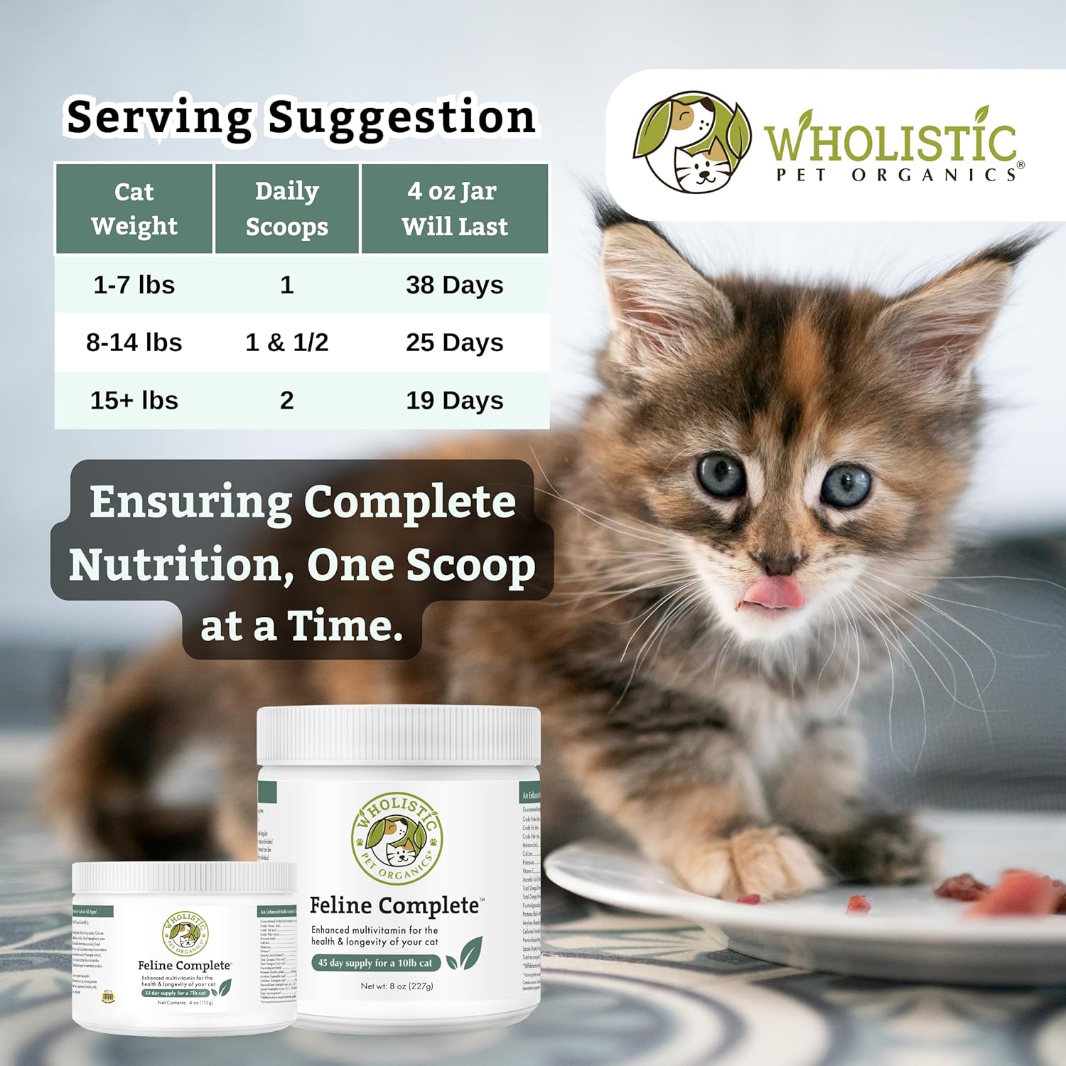 Natural Multivitamin & Probiotic Powder for Cats - Wholistic Pet Organics Feline Complete - 4 Oz - Supports Digestive Health and Overall Wellness