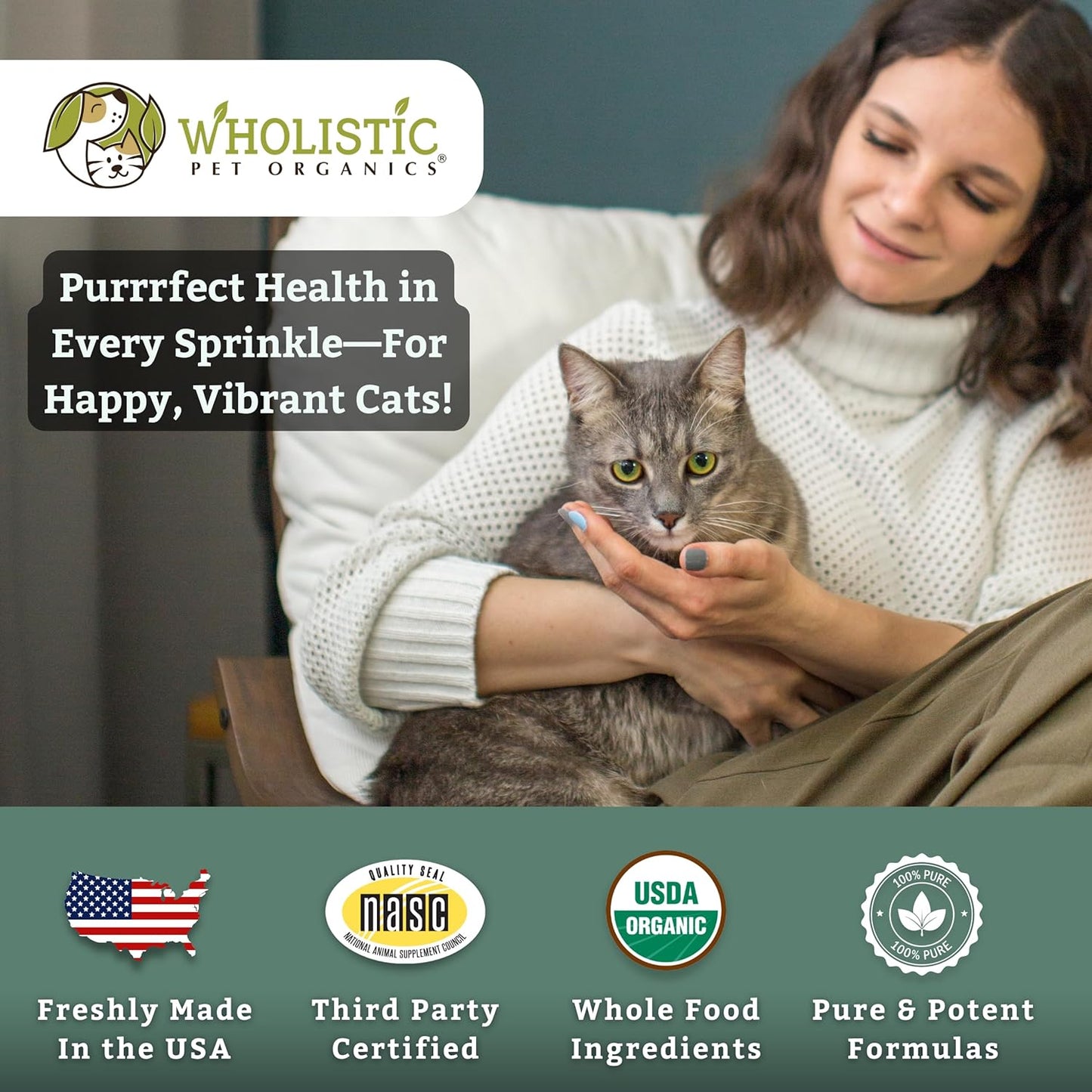 Natural Multivitamin & Probiotic Powder for Cats - Wholistic Pet Organics Feline Complete - 4 Oz - Supports Digestive Health and Overall Wellness