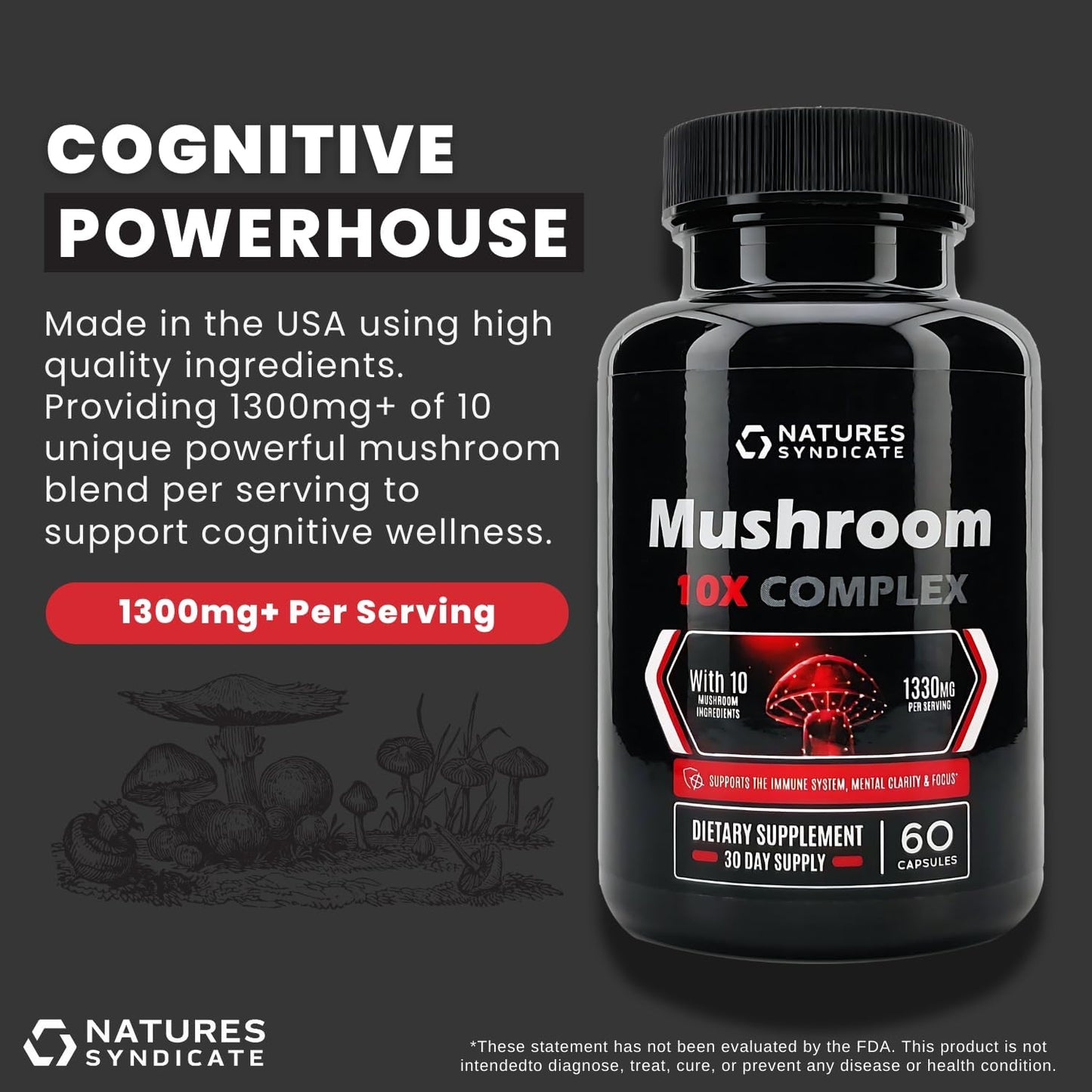 Natural Mushroom Complex Supplement for Cognitive Wellness & Immune Support - Brain Nootropic with Cordyceps, Reishi, Lions Mane, Turkey Tail - Boost Clarity, Focus, Memory - 10 Mushroom Blend