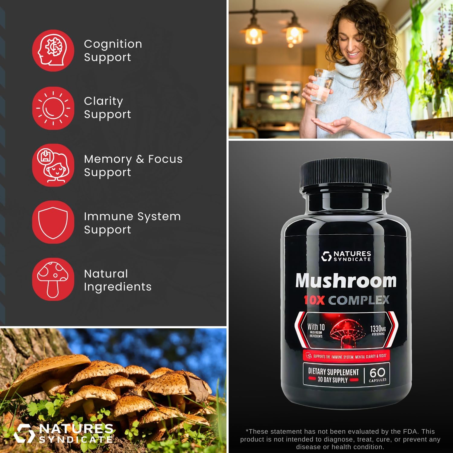 Natural Mushroom Complex Supplement for Cognitive Wellness & Immune Support - Brain Nootropic with Cordyceps, Reishi, Lions Mane, Turkey Tail - Boost Clarity, Focus, Memory - 10 Mushroom Blend