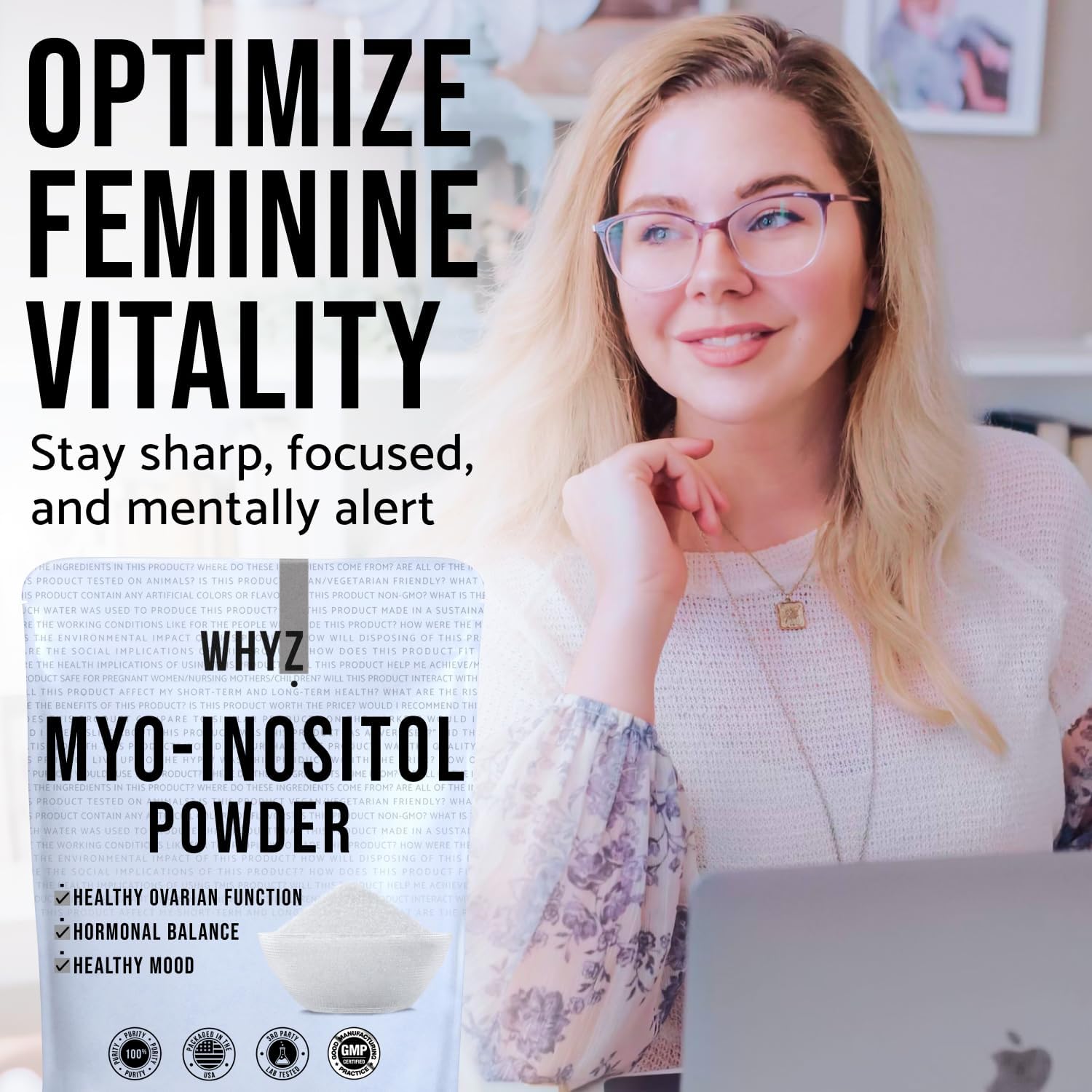 Natural Myo-Inositol Powder for Hormonal Balance & Fertility - 8oz, Pure Inositol Supplement for Energy & Brain Health, 454 Servings