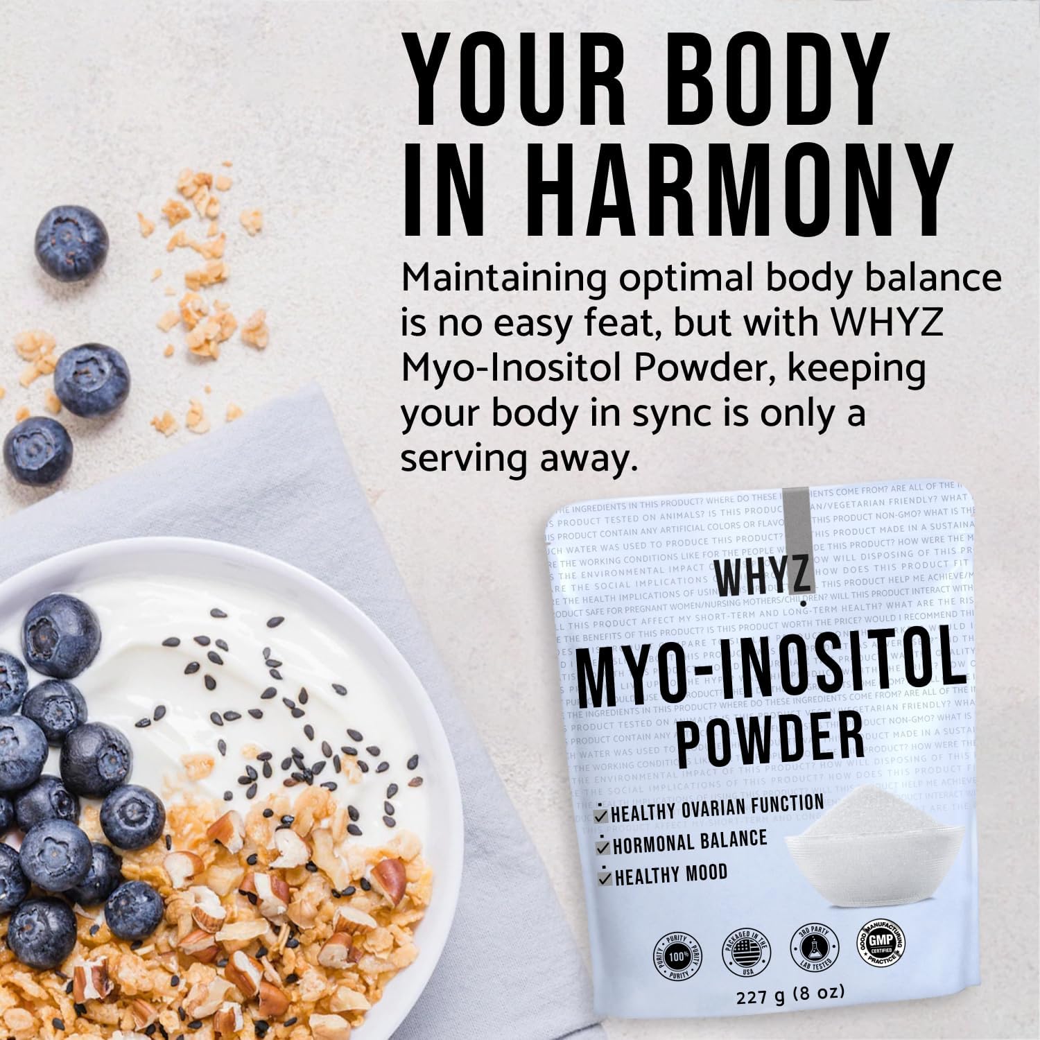 Natural Myo-Inositol Powder for Hormonal Balance & Fertility - 8oz, Pure Inositol Supplement for Energy & Brain Health, 454 Servings