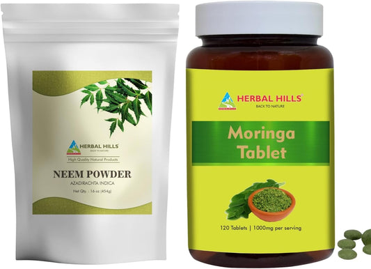 Natural Neem Leaf Powder and Moringa Tablets Combo Pack by HERBAL HILLS