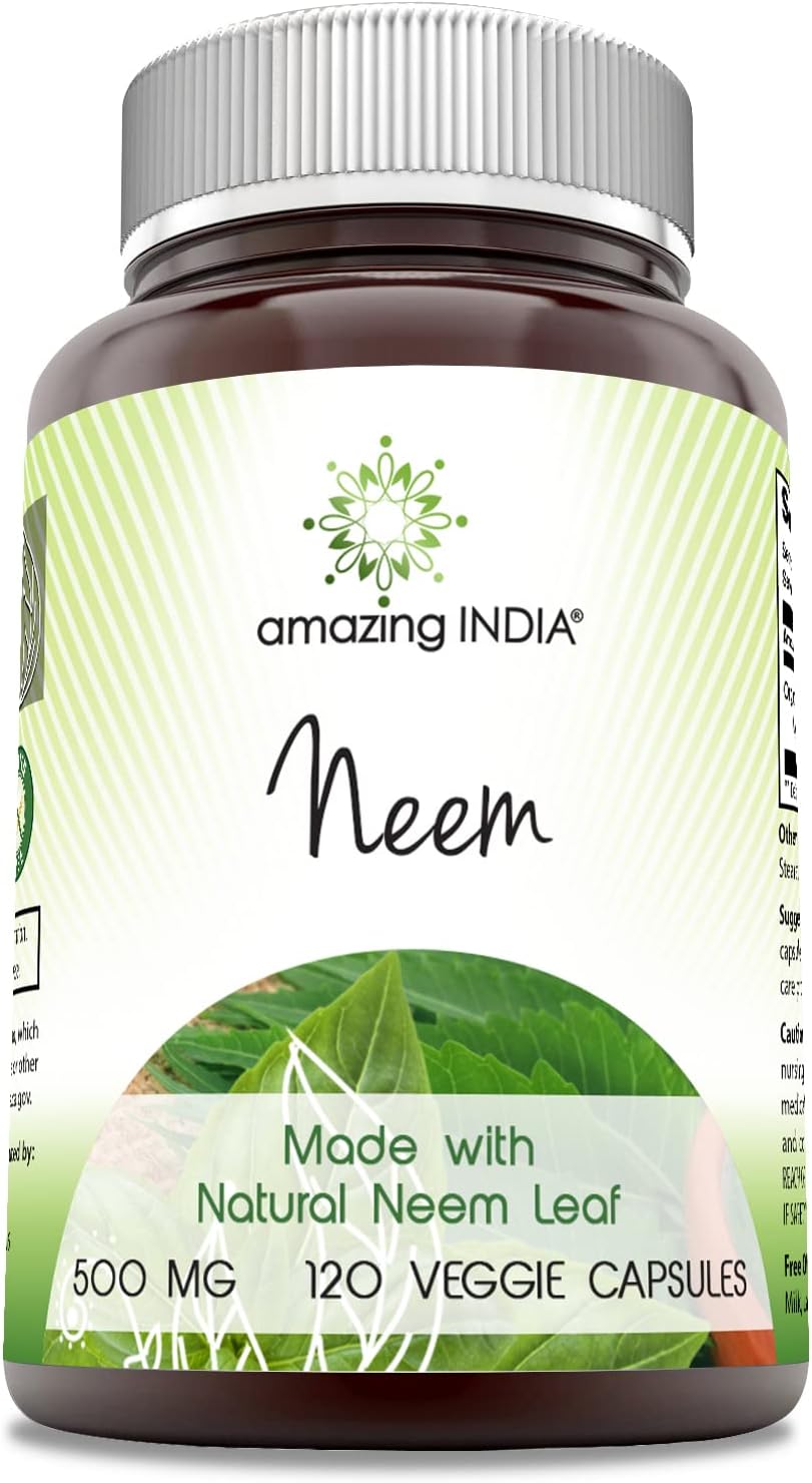 Natural Neem Leaf Supplement - 500 Mg Capsules, 120 ct - Non-GMO, Gluten-Free - Made in USA - Amazing India