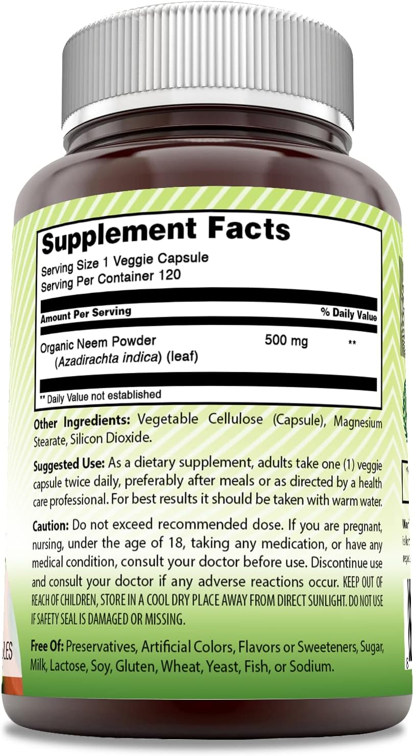 Natural Neem Leaf Supplement - 500 Mg Capsules, 120 ct - Non-GMO, Gluten-Free - Made in USA - Amazing India