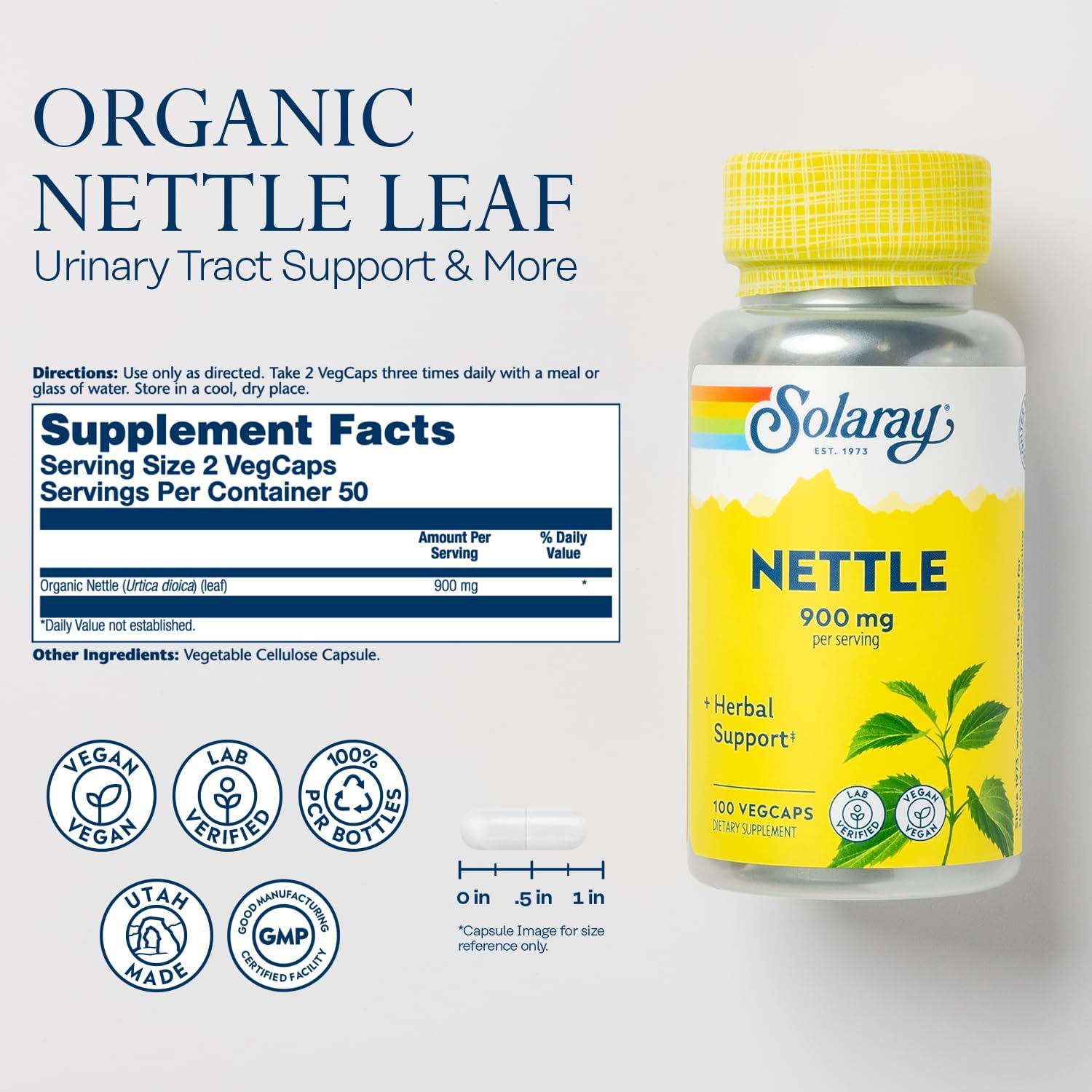 Natural Nettle Leaves Supplement 450mg - 100 Capsules by SOLARAY