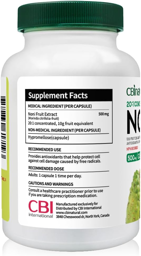 Natural Noni Extract Capsules - 500mg, 120 Count, 20:1 Concentration