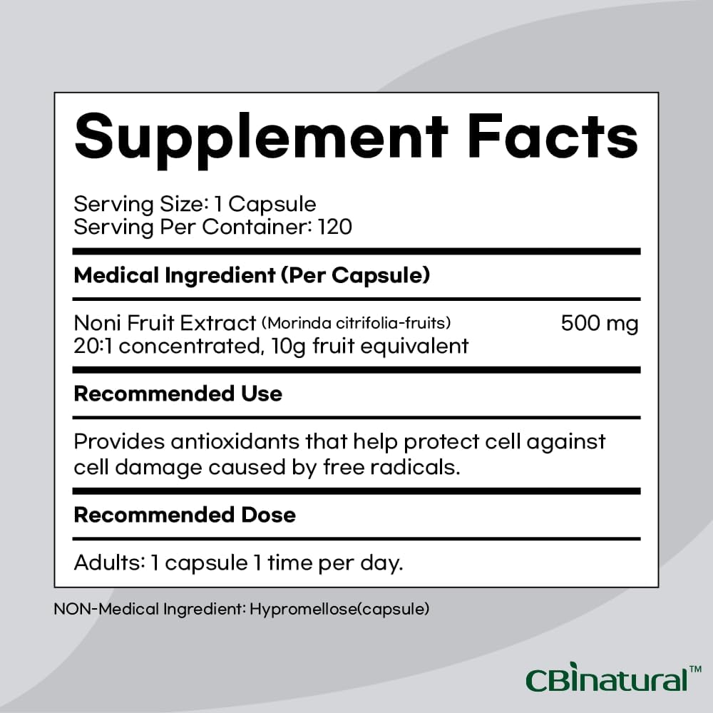 Natural Noni Extract Capsules - 500mg, 120 Count, 20:1 Concentration