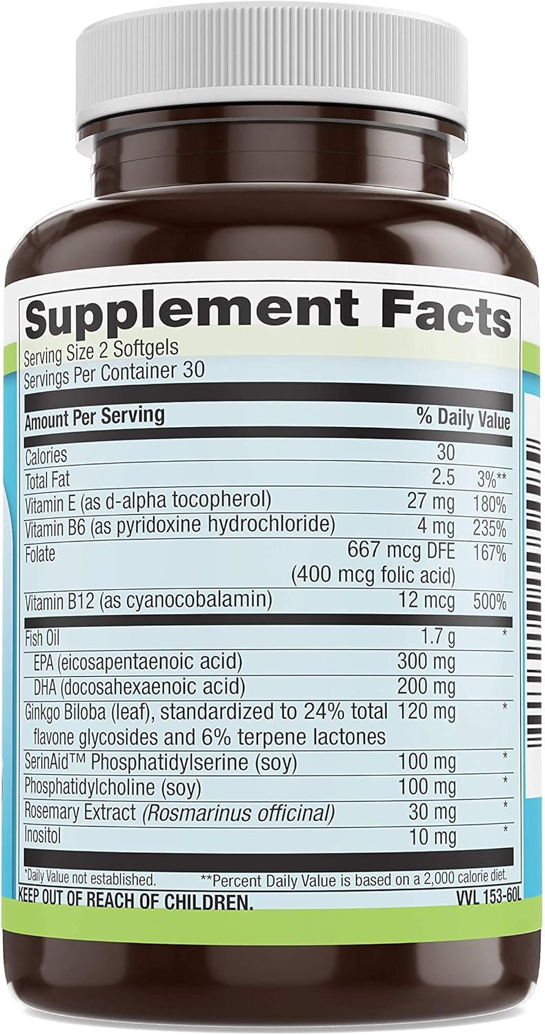 Natural Nootropic Brain Booster for Focus, Energy, Memory, Mood, and Clarity - Brain Support Supplement for Men and Women - 60 Softgel Memory and Focus Supplement