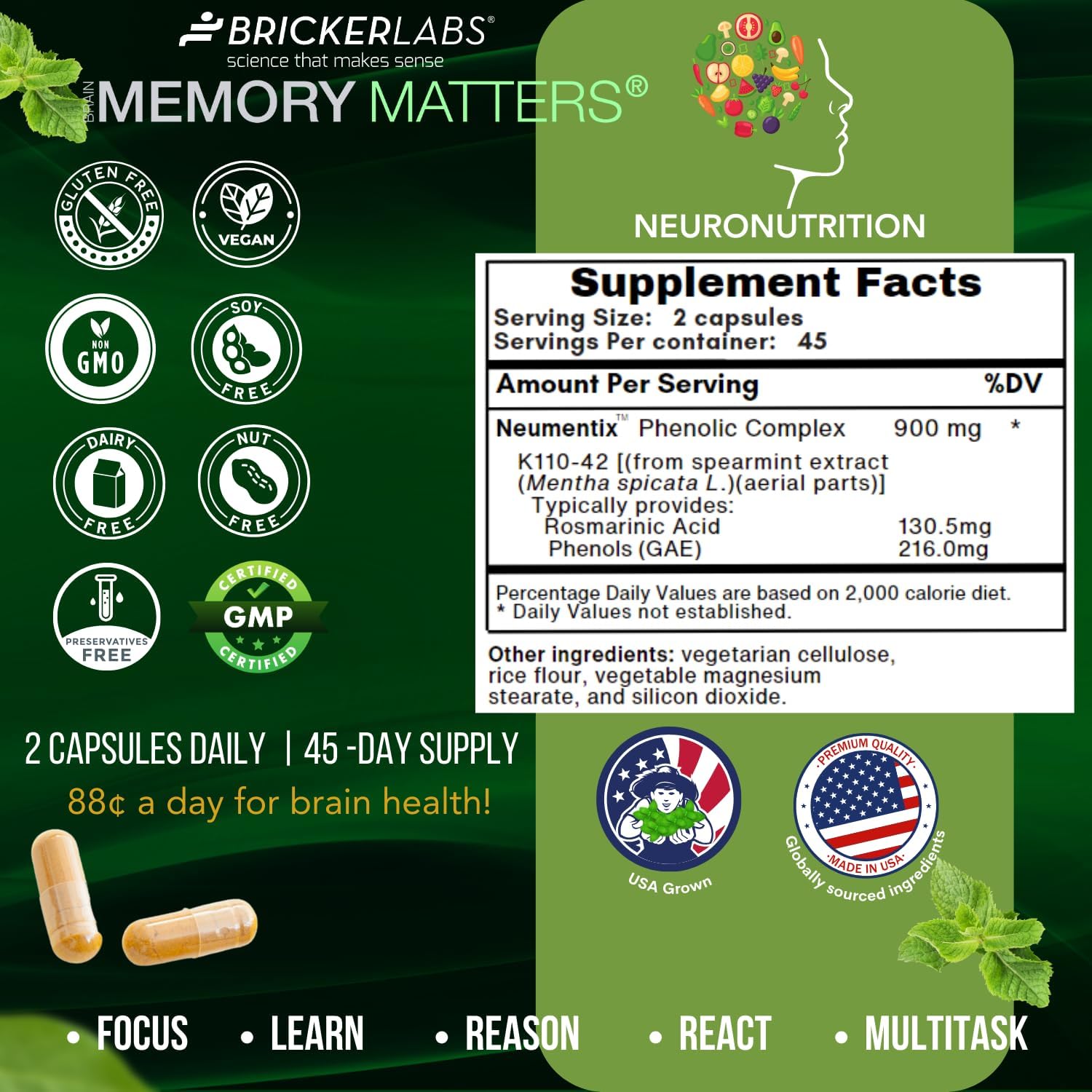 Natural Nootropic Brain Health Supplement with Neumentix for Cognitive Support - 90 Ct