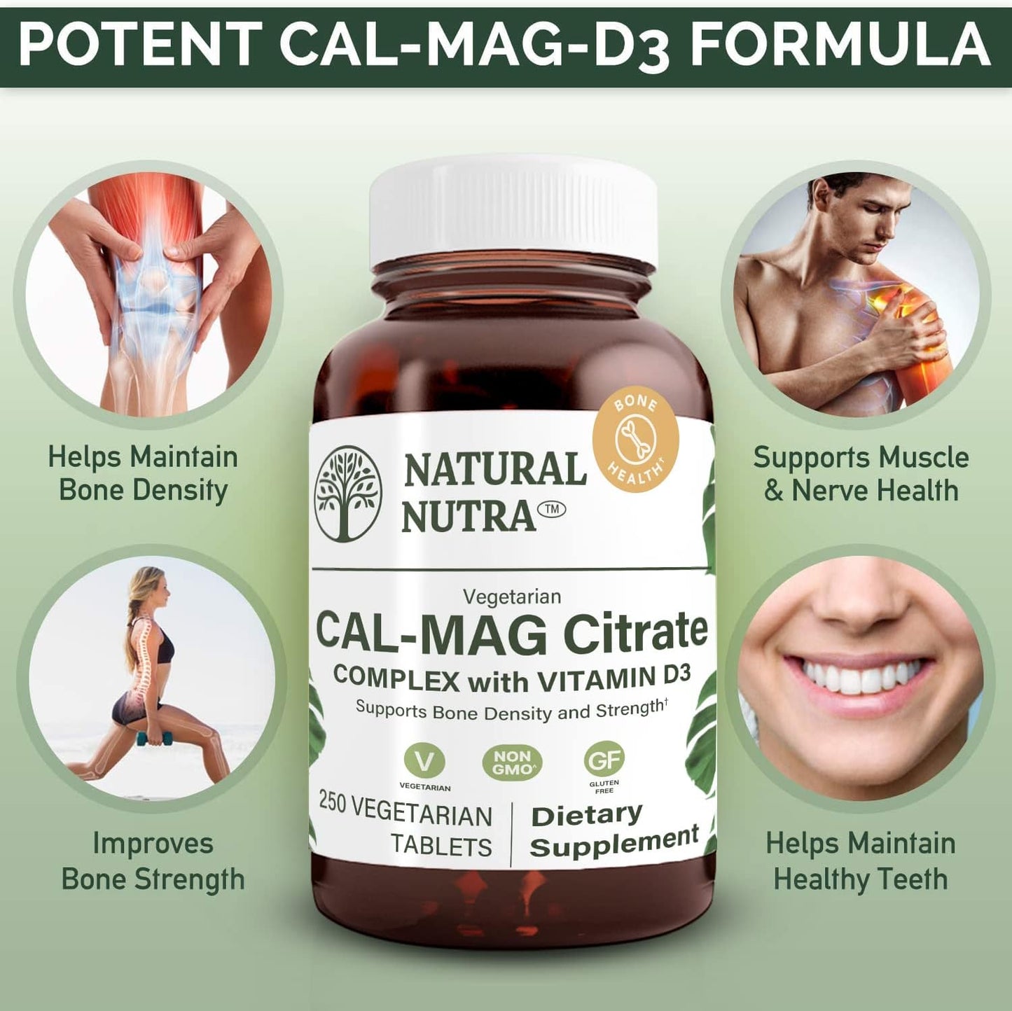 Natural Nutra Cal-Mag Citrate with Vitamin D3 - 1000/500 mg Complex for Bone, Muscle, and Nerve Health - 250 Vegan Tablets