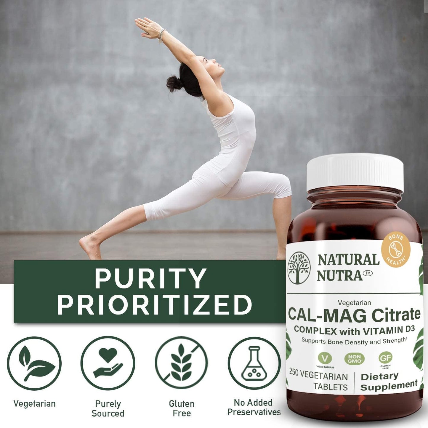 Natural Nutra Cal-Mag Citrate with Vitamin D3 - 1000/500 mg Complex for Bone, Muscle, and Nerve Health - 250 Vegan Tablets