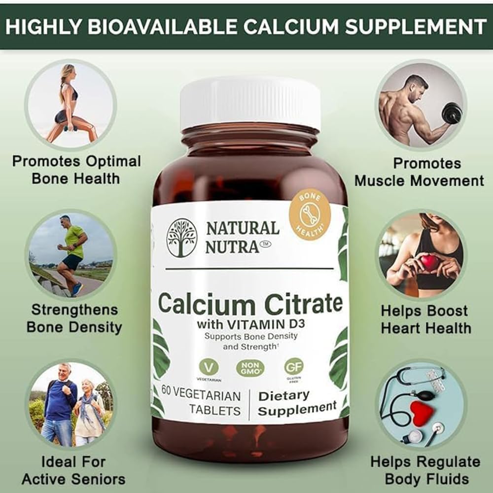 Natural Nutra Calcium Citrate and Vitamin D3 Supplement for Bone Strength, Muscle Movements, Heart Health - 60 Tablets