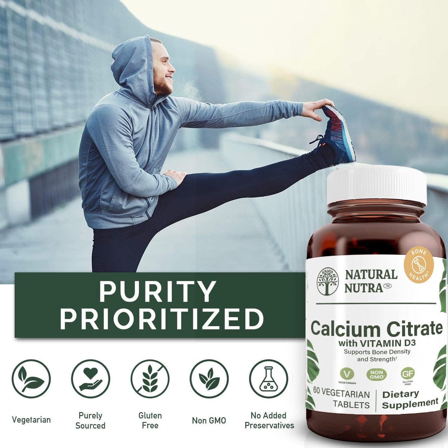 Natural Nutra Calcium Citrate and Vitamin D3 Supplement for Bone Strength, Muscle Movements, Heart Health - 60 Tablets