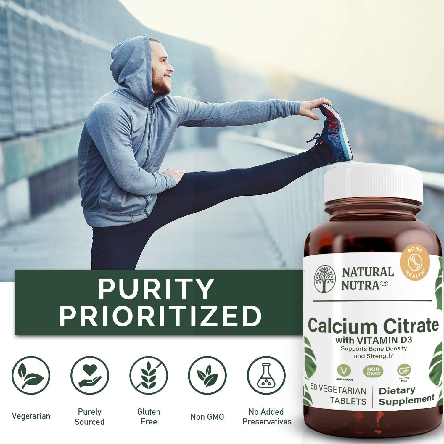 Natural Nutra Calcium Citrate and Vitamin D3 Supplement for Bone Strength, Muscle Movements, Heart Health - 60 Tablets