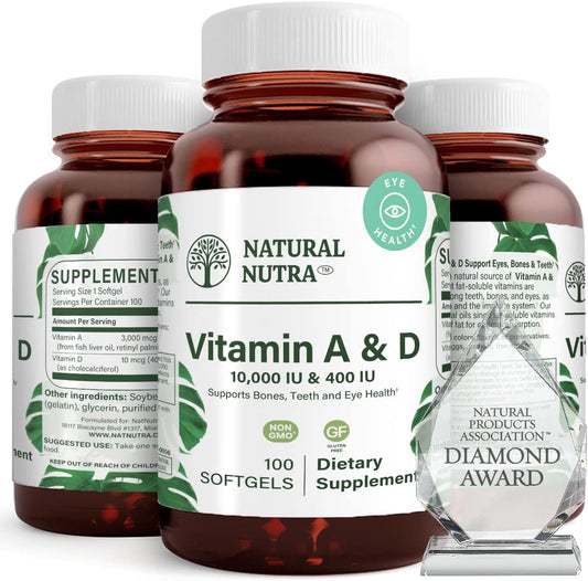 Natural Nutra Vitamin A and D Softgels for Bone, Eye, and Immune Health - Cod Liver Oil Source, 100 Softgels, 10000IU/400IU