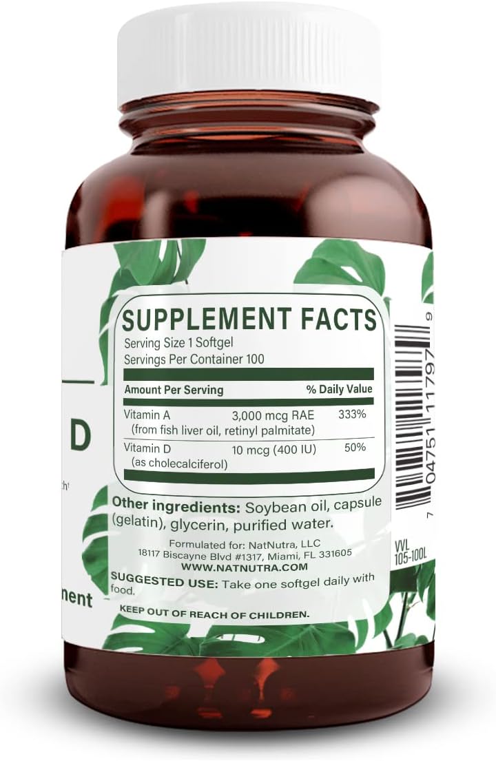 Natural Nutra Vitamin A and D Softgels for Bone, Eye, and Immune Health - Cod Liver Oil Source, 100 Softgels, 10000IU/400IU