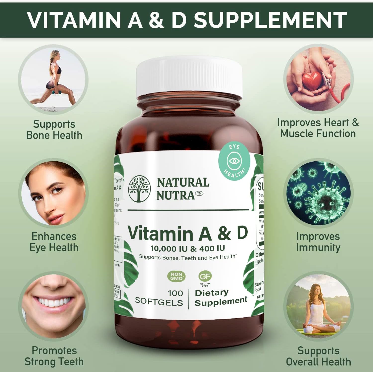 Natural Nutra Vitamin A and D Softgels for Bone, Eye, and Immune Health - Cod Liver Oil Source, 100 Softgels, 10000IU/400IU