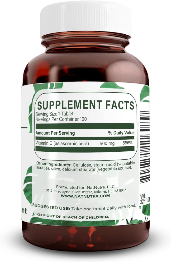 Natural Nutra Vitamin C Supplement 500 mg - Immune System Booster for Heart Health, Metabolism, Fluid Regulation, Skin Texture - Vegan Tablets for Overall Wellness