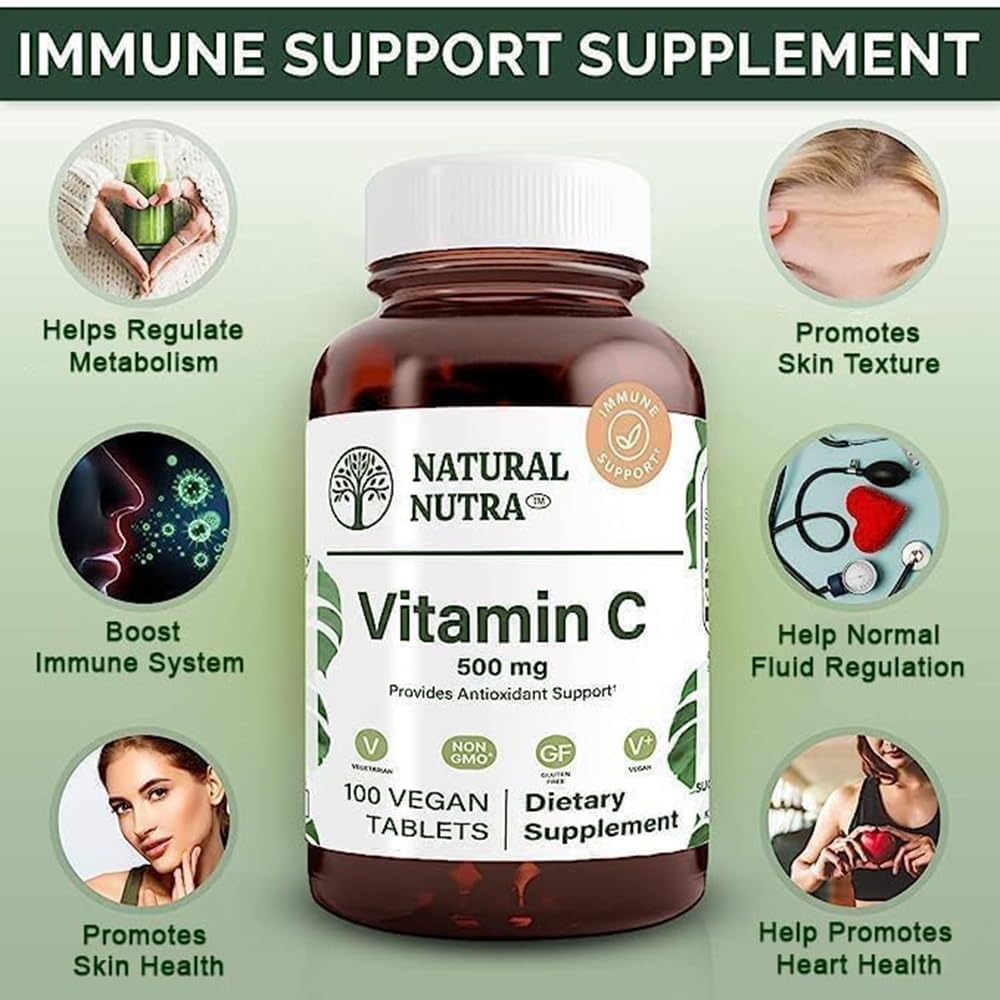Natural Nutra Vitamin C Supplement 500 mg - Immune System Booster for Heart Health, Metabolism, Fluid Regulation, Skin Texture - Vegan Tablets for Overall Wellness