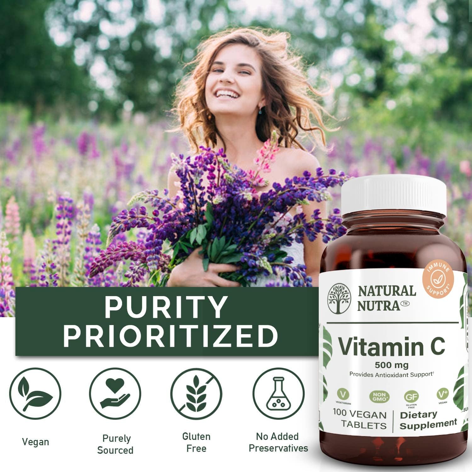 Natural Nutra Vitamin C Supplement 500 mg - Immune System Booster for Heart Health, Metabolism, Fluid Regulation, Skin Texture - Vegan Tablets for Overall Wellness