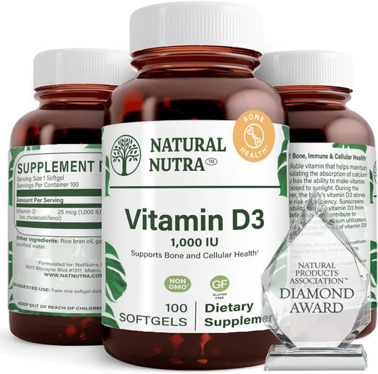 Natural Nutra Vitamin D3 1000 IU Softgels for Joint and Bone Health, Immunity, and Heart Support