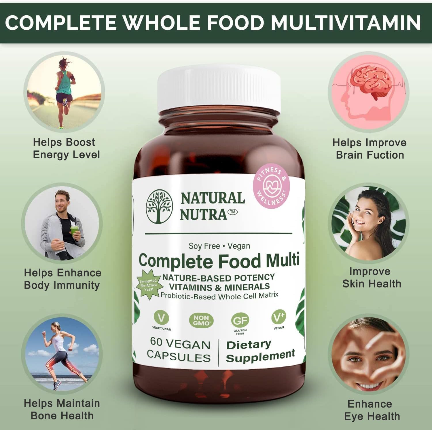 Natural Nutra Whole Food Multivitamin for Women and Men - Energy Booster, Bone Health Support, Brain Function, Skin, Immunity - 60 Capsules